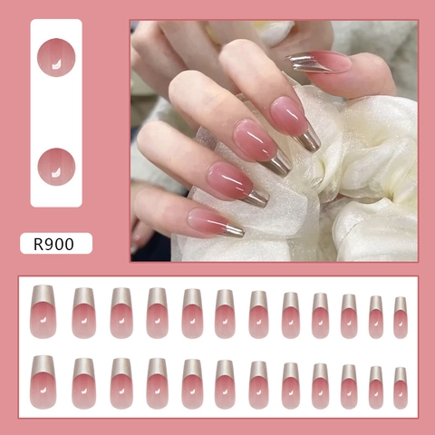French Gradient Press On Nails Pink Metallic Silver Glossy Long Ballerina Shape ABS Plastic Wearable False Nails Elegant