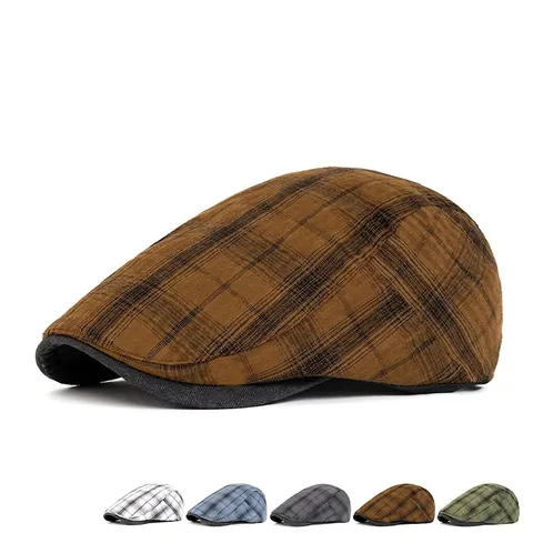 Vintage Plaid Flat Cap Polyester Adjustable Breathable Sunshade British Style Newsboy Hat For Men Women