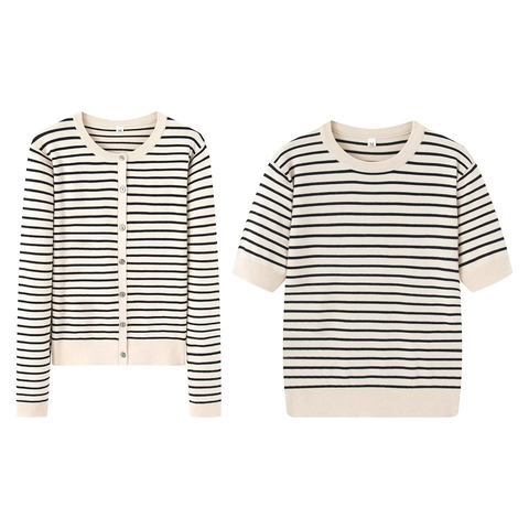 Cárdigan De Punto A Rayas Para Mujer Cuello Redondo Manga Larga Suéter Y Top Pulóver Manga Corta Poliéster Elegante