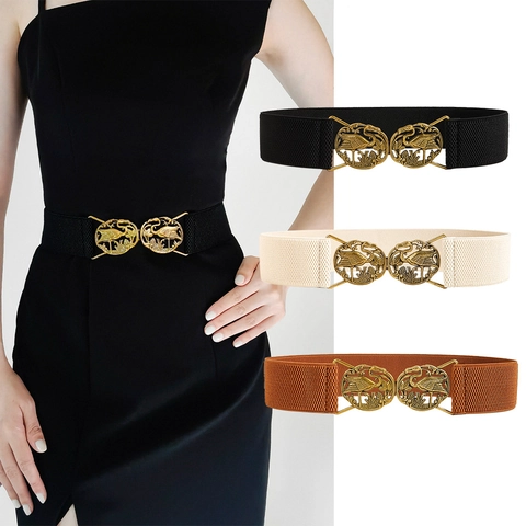 Cintura Elastica da Donna con Fibbia a Gru Stile Cinese Vintage Corsetto Largo Retro Rilievo in Metallo Decorativa