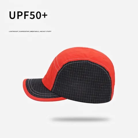 Five Panel Camper Hat Nylon Quick Dry Sun Protection Short Brim Patchwork Ripstop Grid Adjustable Outdoor Sport Unisex