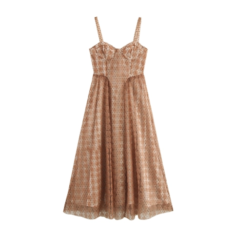 Robe Midi Élégante Pour Femmes Avec Fleurs 3D Mesh Pois Bretelles Spaghetti Taille Haute Style Doux Vêtement Fête