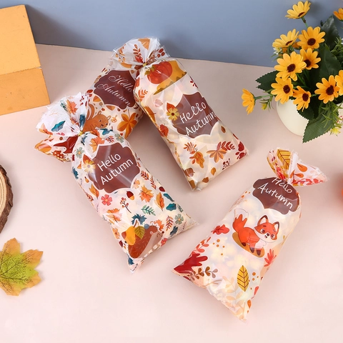 Sacchetti Regalo Autunno Ringraziamento Plastica Trasparente Stampa Volpe Scoiattolo Confezione Caramelle Biscotti Con Lacci Dorati