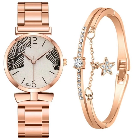 Orologio Al Quarzo Da Donna E Bracciale Con Ciondolo A Stella Moda Oro Rosa Motivo Foglia Di Palma Elegante Accessorio