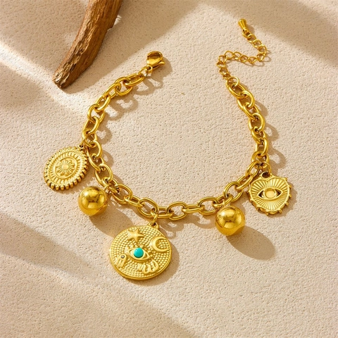 Vintage Stainless Steel Multi Charm Chain Bracelet With Evil Eye Star Moon Heart Turquoise Retro Boho Jewelry For Women