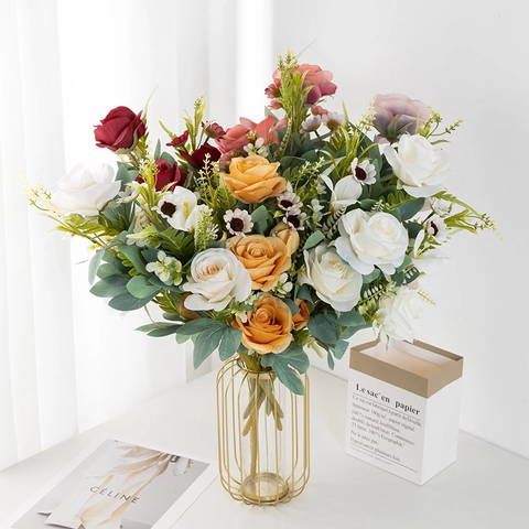 Realistic Multi-Head Rose Bouquet Satin Cloth Plastic Artificial Flowers Wedding Home Decoration Photography Props Elegant