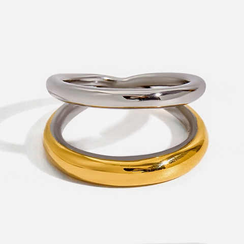 Modern Interlocking Double Layer Ring 18K Gold Plated Stainless Steel Two Tone Geometric Waterproof Hypoallergenic Women