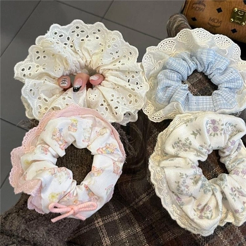 Ballet Style Lace Scrunchies Women Plaid Rhinestone Hair Ties Floral Bear Bow Hair Accessories Cloth Elastic Headband