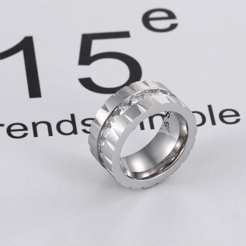Wide Band Stainless Steel Ring For Women With Square Cubic Zirconia Brushed Frosted Finish Industrial Gear Edge Design Fashion