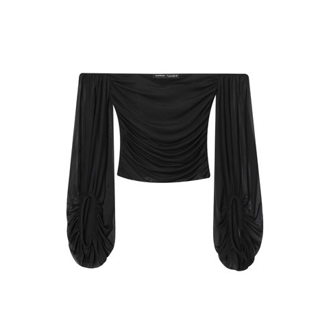 Dames Off Shoulder Mesh Top Ruched Lantaarnmouw Doorschijnend Elegant Slim Fit Solid Black Party Blouse