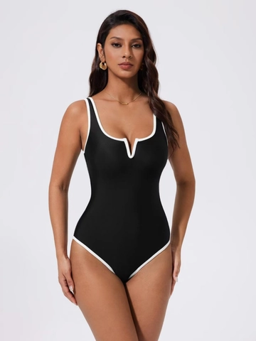 Women One Piece Swimsuit Sexy Contrast Trim Backless Bathing Suit V Notch High Cut Beachwear Monokini
