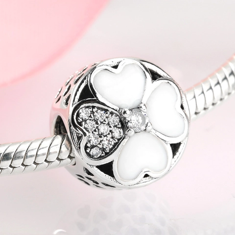 925 Sterlingsilber Vierblättriges Kleeblatt Charm Emaille Strass Hohl Herz Perle Für DIY Armband Schmuckzubehör Geschenk Damen