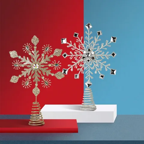 Cimier De Sapin De Noël Flocon De Neige Étoile Fer Paillettes Avec Strass Base À Ressort En Spirale Décoration Festive