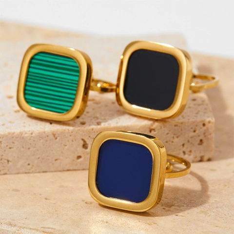 Retro Square Inlay Ring Stainless Steel Gold Plated Open Adjustable Geometric Fashion Accessory For Women