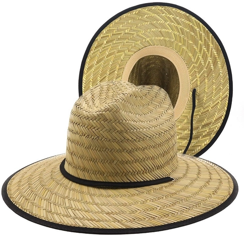 Wide Brim Hemp Straw Beach Hat For Men Women Hand Woven Outdoor Sunshade Summer Lifeguard Hat With Adjustable Chin Cord