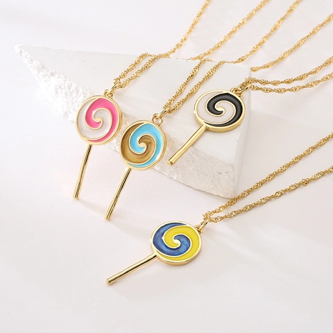 Collier Pendentif Sucette Cuivre Plaqué Or 18K Émail Coloré Spirale Mignon Bijoux Pour Femmes