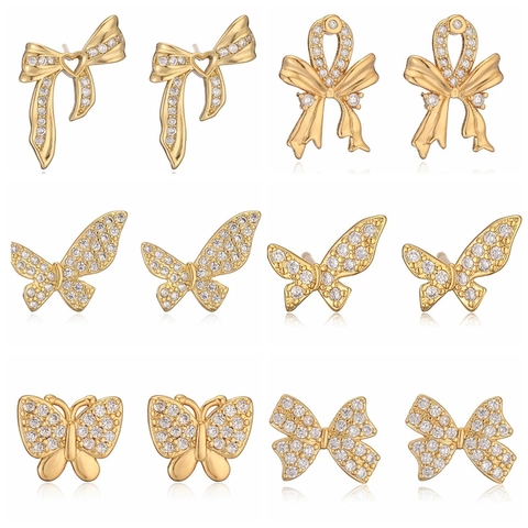 Bowknot Butterfly Stud Earrings 18K Gold Plated Copper With Zircon Rhinestone Vintage Simple Elegant Style For Women