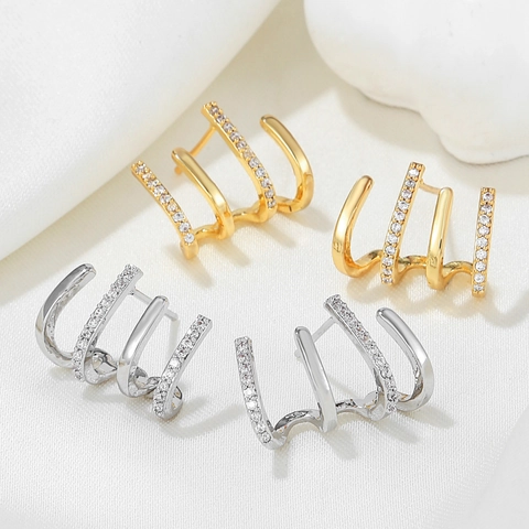 Orecchini Minimalisti 4 Artigli Geometrici Rame Zirconia Con Perno In Argento Sterling 925 Per Donna