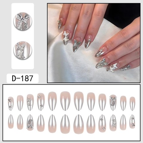 Press On Nägel Silber Spiegel Textur 3D Schmetterling Mandelform Chic Y2K Stil Künstliche Fingernägel Für Frauen