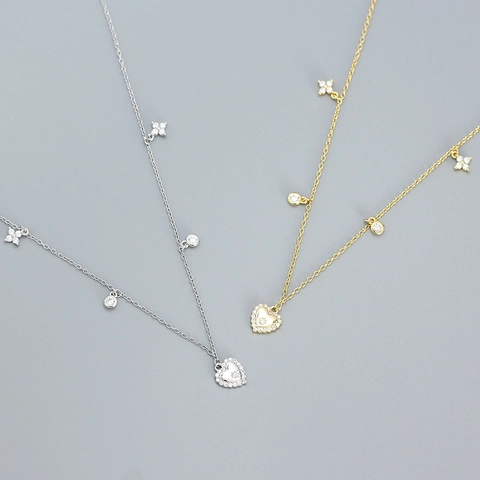 Heart Pendant Necklace With Sparkling Zirconia Multiple Charms 925 Sterling Silver Elegant Clavicle Chain Jewelry