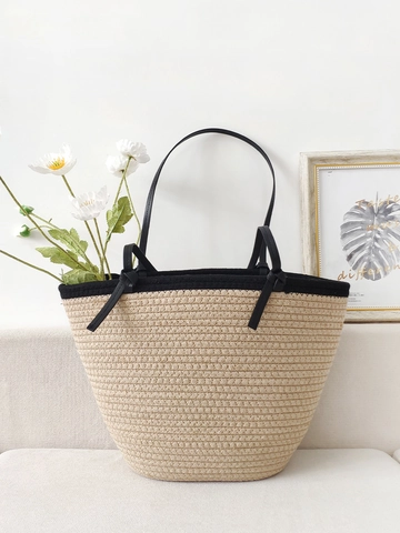 Women Woven Tote Bag Spacious Capacity Cotton Rope Straw Handwoven Beach Vacation Minimalist Contrast Color