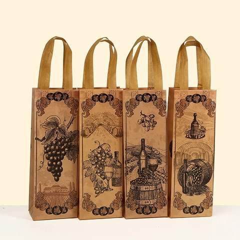Vintage Wijn Cadeautas Non-Woven Draagtas Met Handvat Flessenhouder Wijn Thema Print Voor Feest Viering