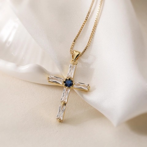 Cross Pendant Necklace Copper 18K Gold Plated Colorful Zircon Crystal Trendy Clavicle Chain Jewelry For Women Elegant