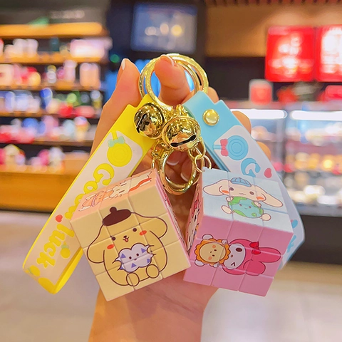 Mini Llavero De Cubo Dibujos Animados Lindos Rompecabezas Anti-Estrés Juguete Con Correa De Silicona Campana De Metal Para Mochila