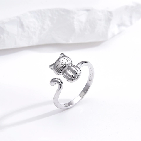 Minimalistisch 925 Sterlingsilber Katze Ring Für Damen Verstellbar Süß Tier Offener Ring Mode Fingerschmuck Geschenk
