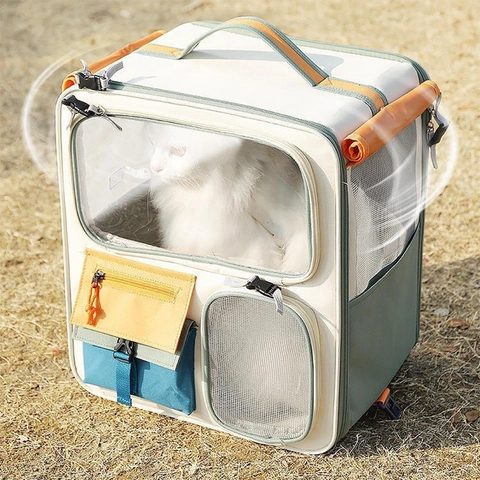 Pet Carrier Backpack Canvas Breathable Mesh Large Capacity Portable Travel Bag With Transparent Window For Cats Small Dogs