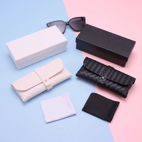 Fashionable PU Leather Glasses Case Portable Woven Texture Soft Sunglasses Pouch Protective Eyewear Storage And Cleaning Cloth