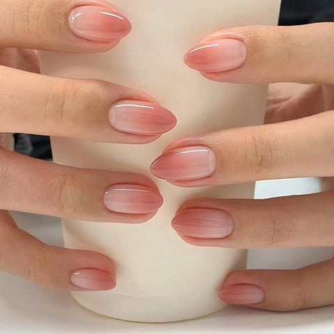 Ombre Roze Press On Nagels Korte Amandelvorm Glanzende Plastic Kunstnagels Voor Dames Manicure