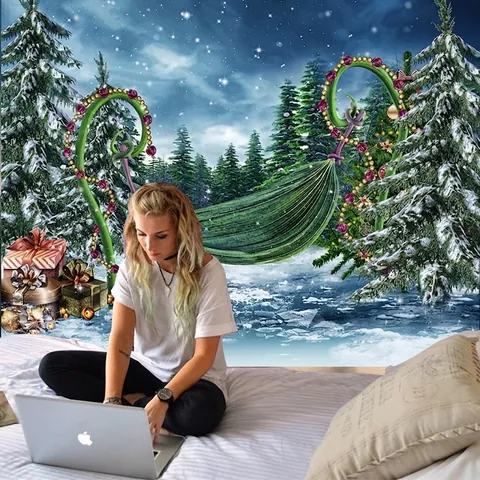 Christmas Tapestry Winter Snowy Forest Christmas Tree Starry Night Wall Hanging Polyester Decor For Bedroom Living Room Fantasy