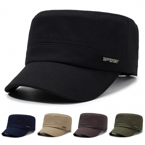 Cotton Cadet Cap Flat Top Hat Adjustable Military Style Sun Protection Casual Sporty Sport Tag For Men Women