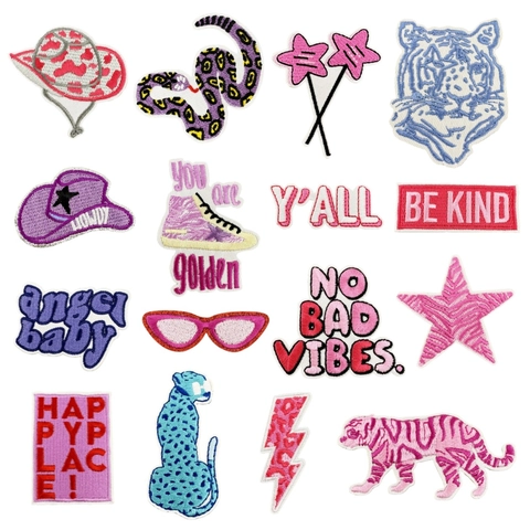 Toppe Ricamate Termoadesive Poliestere Cartone Animato Animale Leopardo Cuore Stella Rosa Lettere DIY Decorazione Vestiti