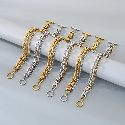 Double Layer Stainless Steel Chain Bracelet With Toggle Clasp Hip Hop Punk Fashion Jewelry For Men Women