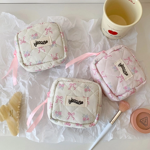 Quilted Cotton Storage Bag Mini Square Floral Pouch With Bowknot Ribbon For Makeup Sanitary Napkins Coins Earphones Women