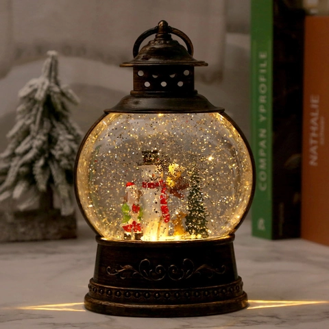 Weihnachten Schneekugel Laterne Vintage Bronze Spieluhr Led Licht Wirbelnder Glitzer Feiertag Desktop Ornament