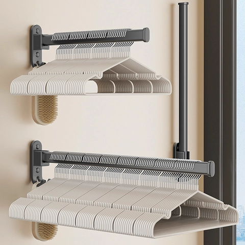 Wall Mounted Hanger Storage Rack Space Aluminum Foldable Laundry Organizer No Drill Gun Grey Modern Home