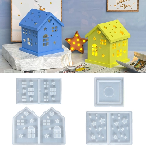Stern Haus Silikonform DIY Epoxidharz Kerzenhalter 3D Architektur Hohl Sterne Herzen Dekorative Nachtlicht Handwerk