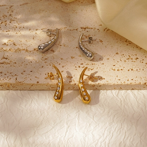 Stainless Steel Curved Teardrop Earrings 18K Gold Plated Zirconia Flowing Water Drop Luxury Minimalist Studs For Women
