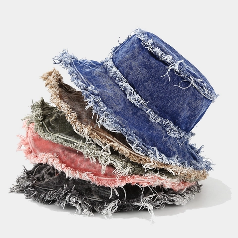 Gewassen Denim Vissershoed Gerafelde Randen Streetwear Hip Hop Brede Rand Zonbescherming Vintage Outdoor Basin Pet