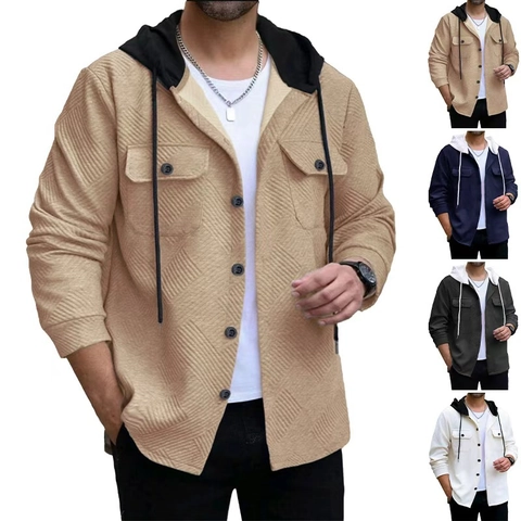 Felpa Con Cappuccio Da Uomo Jacquard A Nido D'ape Giacca Con Bottoni Cappuccio A Contrasto Casual Capispalla A Maniche Lunghe