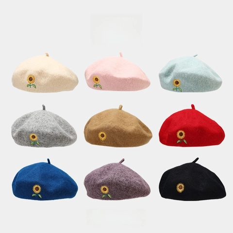 Sunflower Embroidery Wool Beret Hat For Women Vintage British Style Winter Warm Elegant Fashion Painter Cap