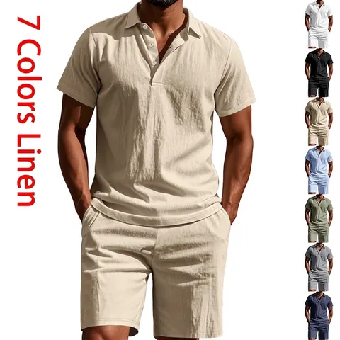Ensemble En Lin Pour Hommes Polo À Manches Courtes Et Short Décontracté Été Plage Respirant Couleur Unie