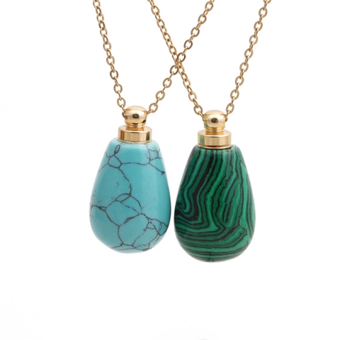 Natural Stone Perfume Bottle Pendant Necklace Stainless Steel Chain Water Drop Essential Oil Diffuser Healing Jewelry