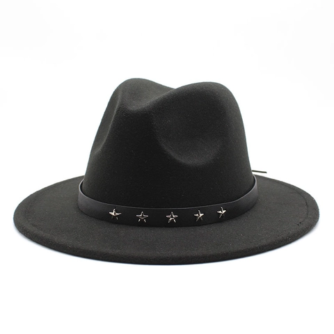 Wide Brim Fedora Hat Wool Felt Style Star Rivets Punk Retro Jazz Cap For Women And Men Belt Decoration Solid Color