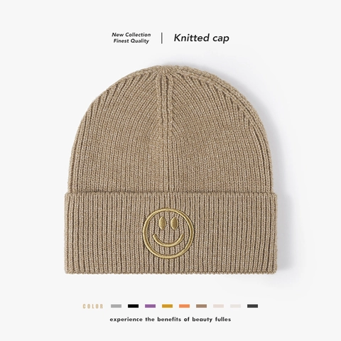 Knitted Beanie Hat Faux Rabbit Hair Warm Winter Skull Cap Ribbed Cuffed Smiley Face Embroidery Fashion Casual Unisex