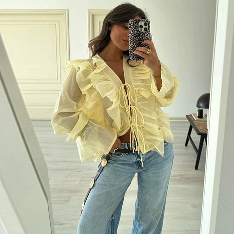 Women Ruffled Sheer Blouse Tiered Long Flare Sleeve V Neck Tie Front Elegant Solid Color Romantic Lightweight Top