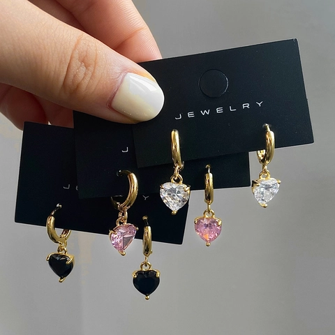 Pendientes De Aro Con Colgante De Corazón De Circón Cobre Chapado En Oro Real Simple Elegante Joyería Para Mujer